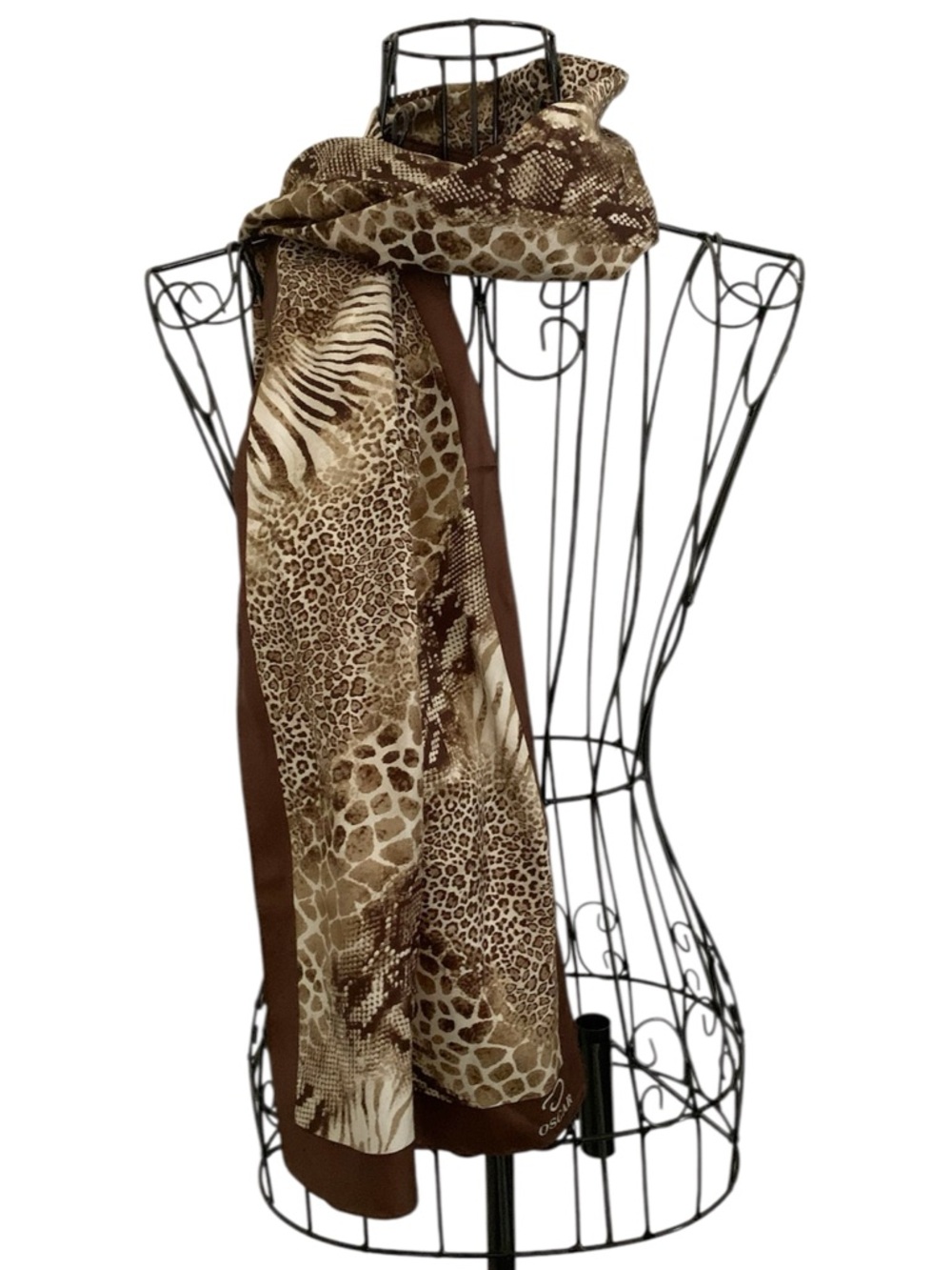 Vintage Silky Oscar Animal Print Rectangle Scarf in Brown Tan Cream